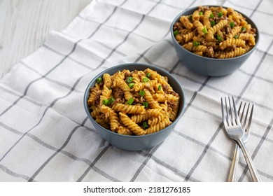 Homemade One-Pot Cheeseburger Pasta In Bowls, Side View.