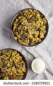 Homemade One-Pot Chicken And Mushroom Pasta In Bowls, Top View. Flat Lay, Overhead, From Above.