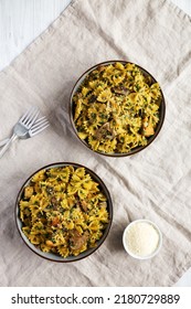 Homemade One-Pot Chicken And Mushroom Pasta In Bowls, Top View. Flat Lay, Overhead, From Above.