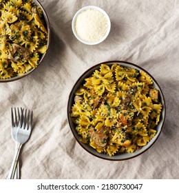 Homemade One-Pot Chicken And Mushroom Pasta In A Bowl, Top View. Flat Lay, Overhead, From Above.