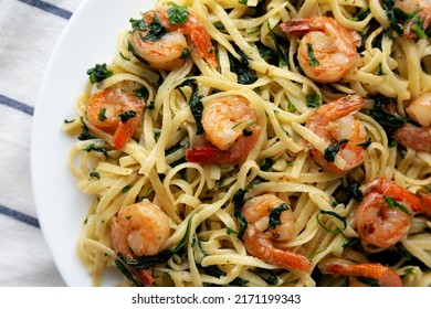 Homemade One-Pot Lemon Garlic Shrimp Pasta On A Plate, Top View. Flat Lay, Overhead, From Above. Close-up.