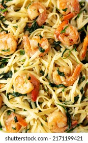 Homemade One-Pot Lemon Garlic Shrimp Pasta On A Plate, Top View. Flat Lay, Overhead, From Above. Close-up.