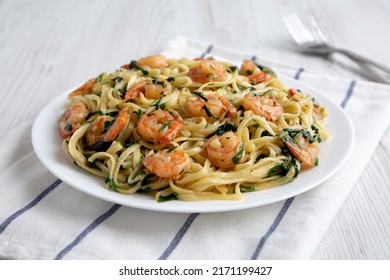 Homemade One-Pot Lemon Garlic Shrimp Pasta On A Plate, Side View. Close-up.