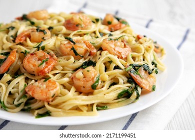 Homemade One-Pot Lemon Garlic Shrimp Pasta On A Plate, Side View. Close-up.