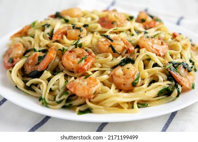 Homemade One-Pot Lemon Garlic Shrimp Pasta On A Plate, Side View. Close-up.