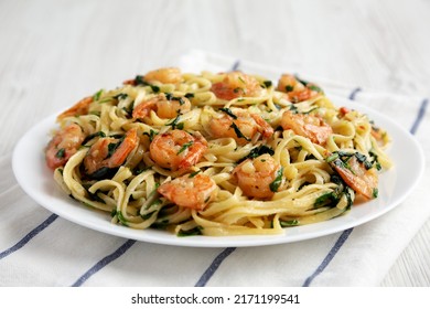 Homemade One-Pot Lemon Garlic Shrimp Pasta On A Plate, Low Angle View. 