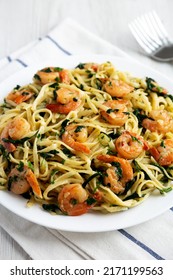 Homemade One-Pot Lemon Garlic Shrimp Pasta On A Plate, Side View. 