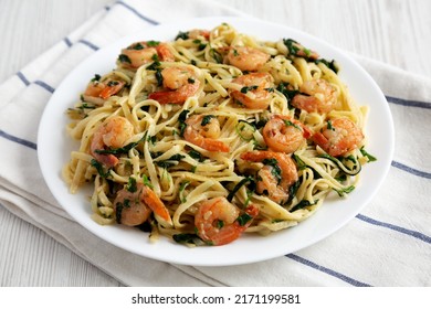 Homemade One-Pot Lemon Garlic Shrimp Pasta On A Plate, Side View.