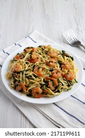 Homemade One-Pot Lemon Garlic Shrimp Pasta On A Plate, Side View. 