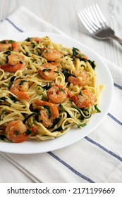 Homemade One-Pot Lemon Garlic Shrimp Pasta On A Plate, Side View. 