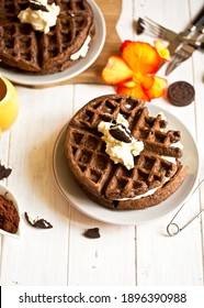 
Homemade Oreo Waffles. Chocolate Waffles With Whipped Cream. A Tasty And Healthy Dessert. Sweet Breakfast.