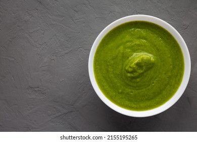 Homemade Organic Broccoli Soup On Gray Background, Top View. Flat Lay, Overhead, From Above. Space For Text.