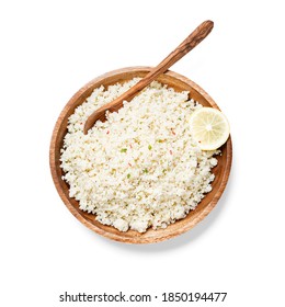 Homemade Organic  Cauliflower Rice With Spice In A Wooden Bowl.isolated On White Background