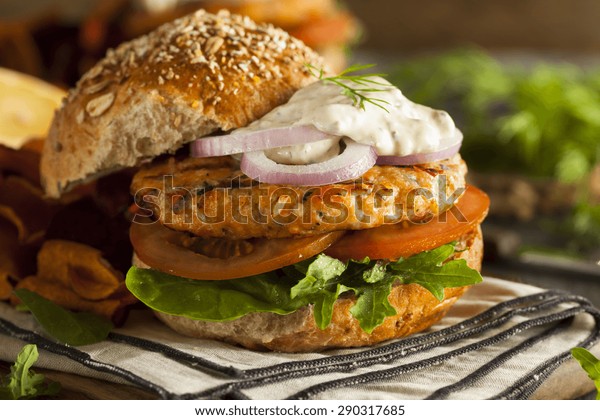 Homemade Organic\
Salmon Burger with Tartar\
Sauce