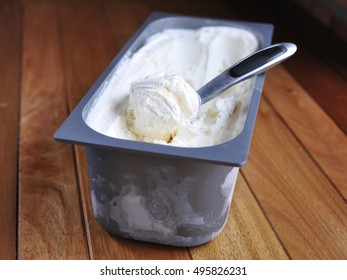 Homemade Organic Vanilla Ice Cream Scoop, Scooped Out Of A Container