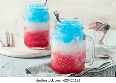 Homemade Patriotic Red White And Blue Slushie Cocktail With Vodka