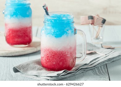 Homemade Patriotic Red White And Blue Slushie Cocktail With Vodka