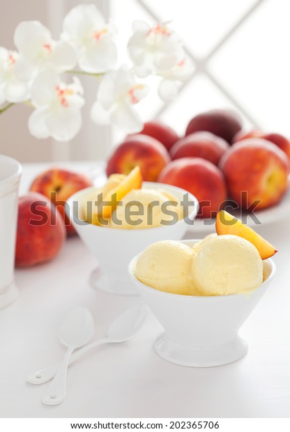 Homemade
peach sorbet and fresh peaches, selective
focus