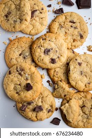 Homemade Peanut Butter Cookies With Chocolate Chunks On Metallic Tray; Overhead Shot