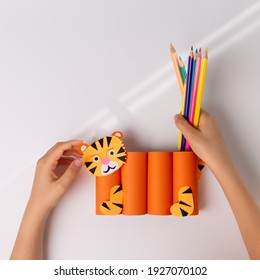 Homemade Pencil Holder, Toilet Paper Roll Craft Concept For Kid And Kindergarten, DIY, Tutorial, Tiger Toy