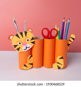 Homemade Pencil Holder, Toilet Paper Roll Craft Concept For Kid And Kindergarten, DIY, Tutorial, Tiger Toy