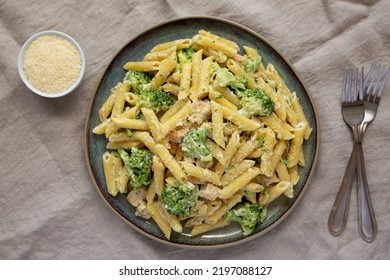 Homemade Penne Alfredo Pasta With Chicken And Broccoli On A Plate, Top View. Flat Lay, Overhead, From Above.