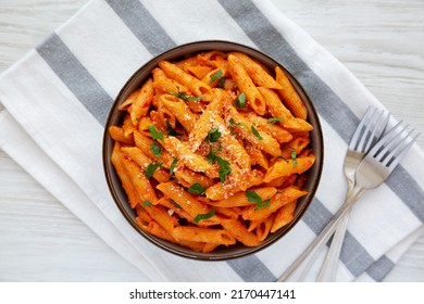 Homemade Penne Alla Vodka From Leftover Sauce With Cheese And Parsley, Top View. Overhead, From Above, Flat Lay. 