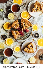 Homemade Pesonen Cake With Cherry Filling For Breakfast Family. Homemade Cherry Pie On Rustic Background. Rustic Dark Styling. Cherry  Pie With Cut Piece On A Marble Background, Overhead Scene