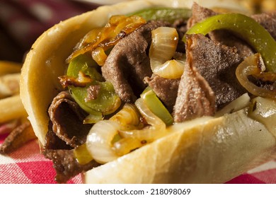 Homemade Philly Cheesesteak Sandwich with Onions and Peppers