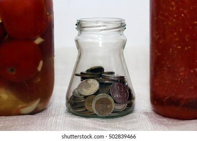 Homemade Pickled Tomatoes In Jar And Money