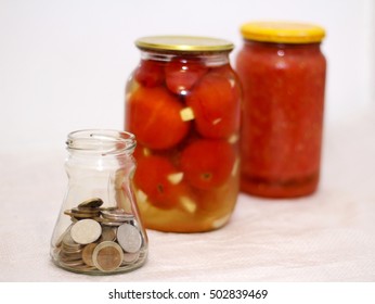 Homemade Pickled Tomatoes In Jar And Money