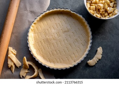 Homemade pie crust in pie plate. Cooking apple pie, dark background - Powered by Shutterstock