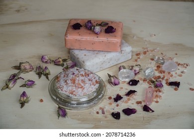                       Homemade Pink Bath Salt With Epsom And Himalayan Salt, Essential Oils And Wild Rose Petals. Natural Soaps And Crystals On Blurred Beige Background.                 