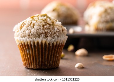 Homemade Pistachio Muffins With Sugar Crystals