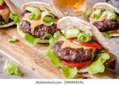 Homemade Pita Burgers With Fresh Vegetables