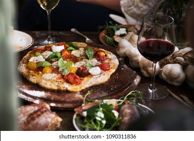 Homemade Pizza For Dinner With Red Wine