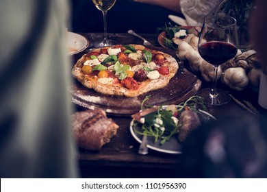 Homemade Pizza For Dinner With Red Wine