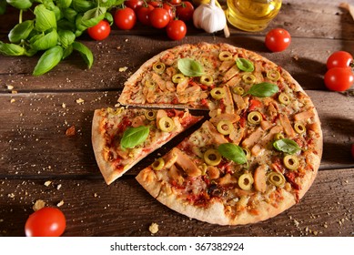 Homemade Pizza With Green Olives, Chicken And Pepper,