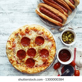 Homemade Pizza Hot Dogs Relish And Dips - Game Day Party Food, Top Down View