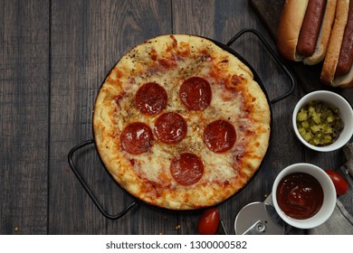 Homemade Pizza Hot Dogs Relish And Dips - Game Day Party Food, Top Down View