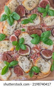 Homemade Pizza With Italian Meat, Cheese, Figs, Arugula, And Honey