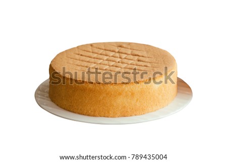 Homemade plain chiffon or sponge cake on white plate on white isolated background with clipping paths. Homemade bakery concept to present sponge cake so soft and lite good smell and delicious.