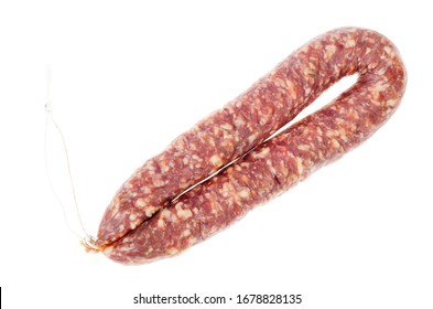 Homemade Pork Dried Cured Sausage On White Background. Studio Photo