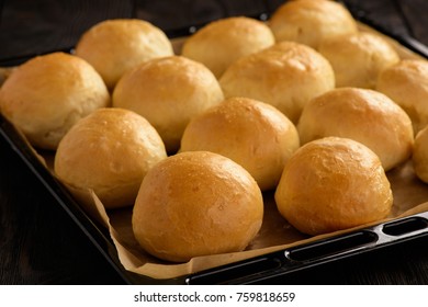 Homemade Potato Bread Rolls On Wooden Tray.