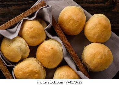 Homemade Potato Bread Rolls On Wooden Tray.