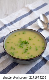 Homemade Potato Leek Soup In A Bowl, Side View. Space For Text.