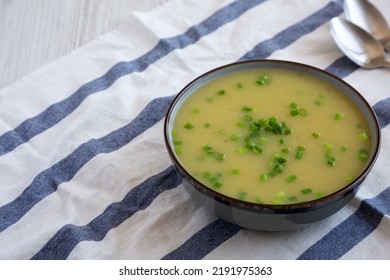 Homemade Potato Leek Soup In A Bowl, Side View. Copy Space.