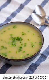 Homemade Potato Leek Soup In A Bowl, Side View. Close-up.