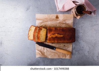 Homemade Pound Cake On Baking Paper Served With Fruit Jam Ready To Eat, Top View