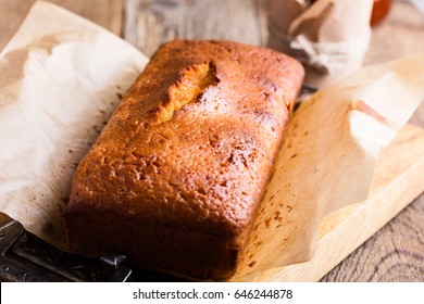 Homemade Pound Cake On Baking Paper Served With Fruit Jam Ready To Eat On Rustic Wooden Background, Delicious Brunch Or Tea Time Table